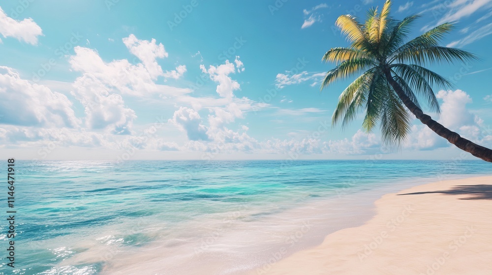 Obraz premium beach paradise, blue water, light sand, palm tree, tropical, summer, vacation, nature, coastal, sunny, island, ocean, landscape, relaxation, clear sky, holiday, exotic, peaceful, idyllic, travel, geta