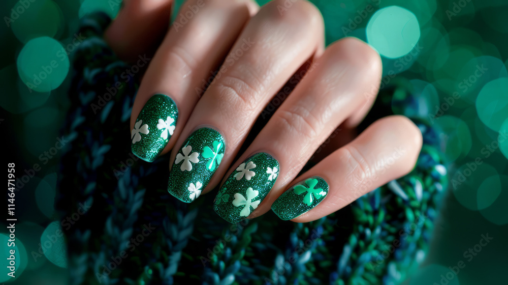 beautiful manicure, nail design, with quatrefoils in green color palette, Saint Patrick Day inspired beautiful manicure, nail design, with quatrefoils in green color palette, Saint Patrick Day inspired