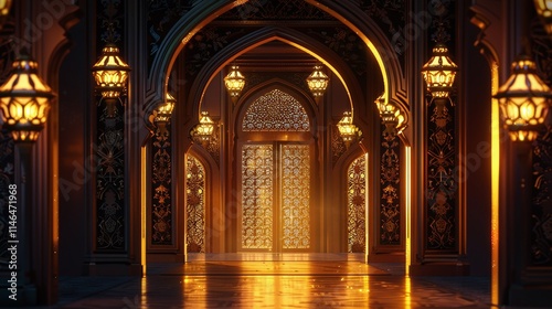 Elegant golden-lit interior with Islamic arches, ornate lanterns, and a tranquil atmosphere.