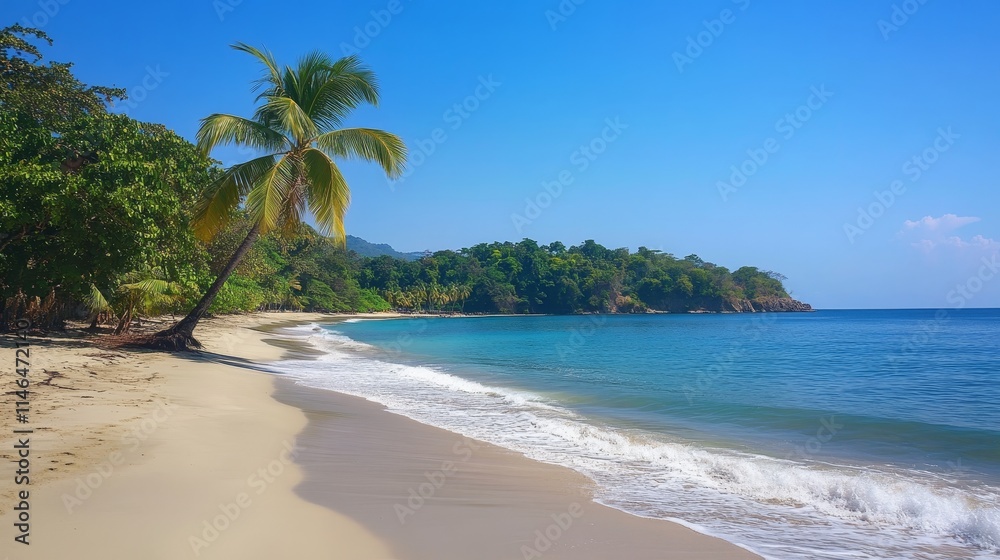 Obraz premium beach paradise, blue water, light sand, palm tree, tropical, summer, vacation, nature, coastal, sunny, island, ocean, landscape, relaxation, clear sky, holiday, exotic, peaceful, idyllic, travel, geta