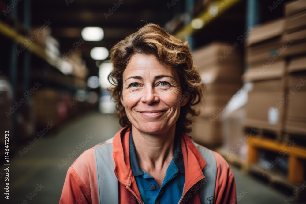 Portrait of a joyful middle aged female warehouse worker Portrait of a joyful middle aged female warehouse worker