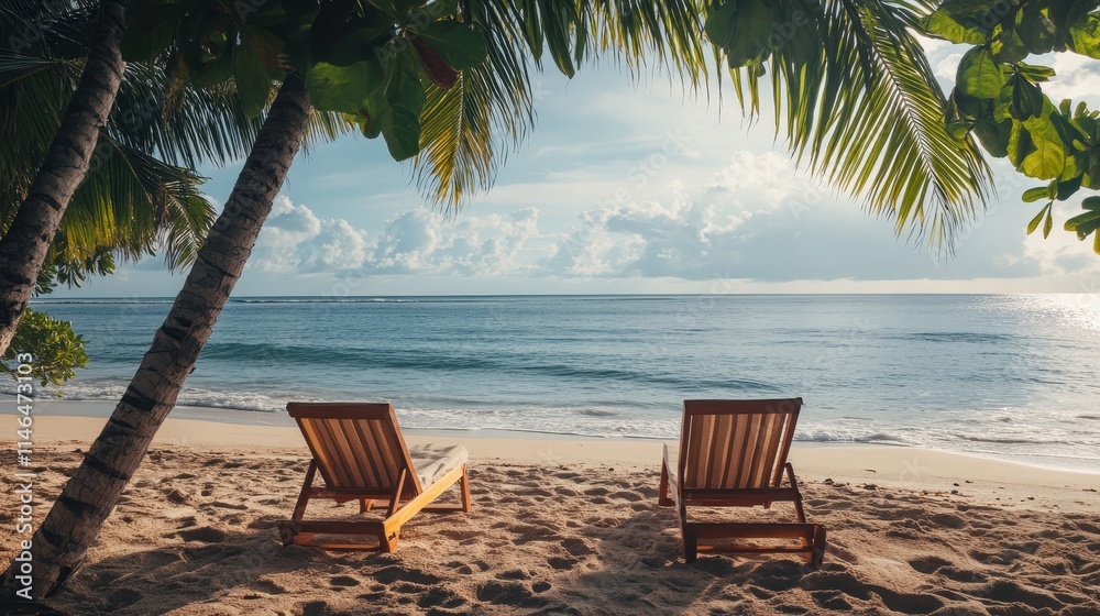 Obraz premium beachside relaxation, sandy shore, ocean waves, palm trees, tropical, peaceful, vacation, sunny
