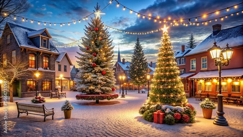 Christmas Town Square, Festive Holiday Lights, Winter Wonderland, Small Town Charm, Christmas Trees, String Lights, Holiday Decorations, Cozy Village Scene