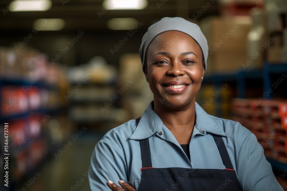 Portrait of a joyful middle aged female warehouse worker Portrait of a joyful middle aged female warehouse worker