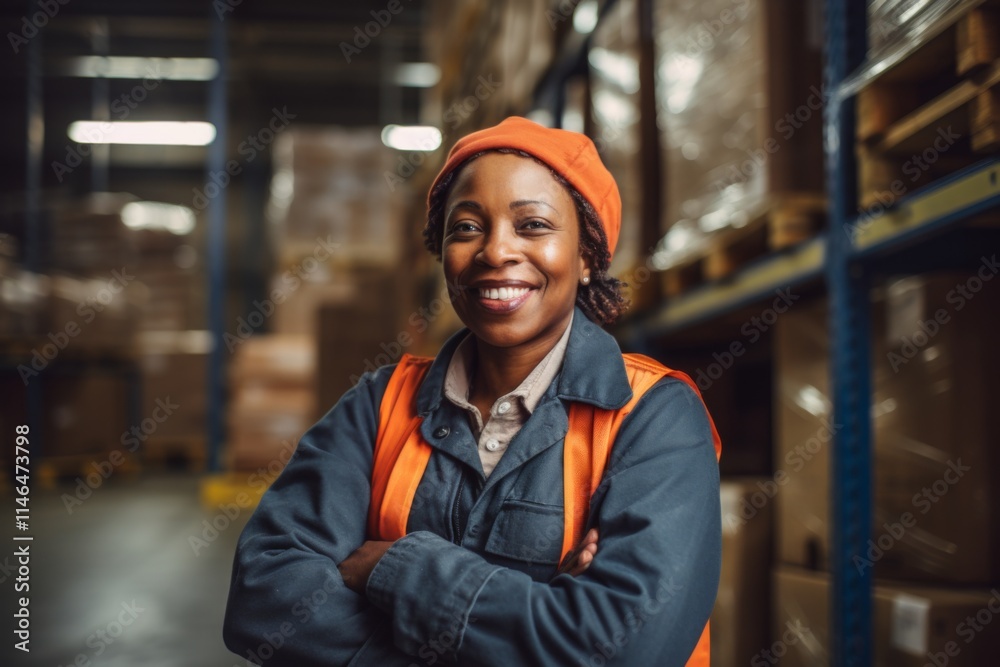 Portrait of a joyful middle aged female warehouse worker Portrait of a joyful middle aged female warehouse worker