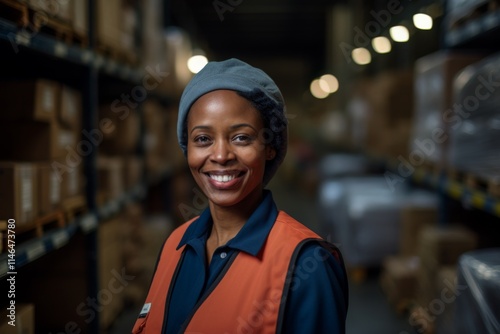 Portrait of a joyful middle aged female warehouse worker