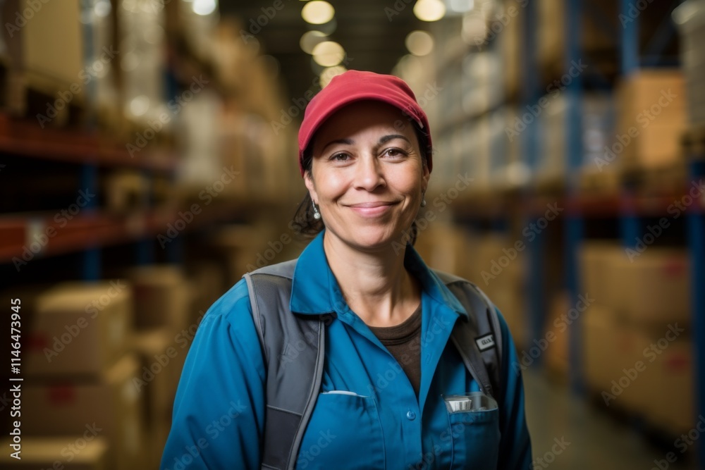 Portrait of a joyful middle aged female warehouse worker Portrait of a joyful middle aged female warehouse worker
