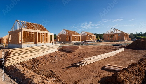 New home development construction site; newly developed subdivision with new construction; brand new suburbs; American home construction site; homes built with wood; new home developers 