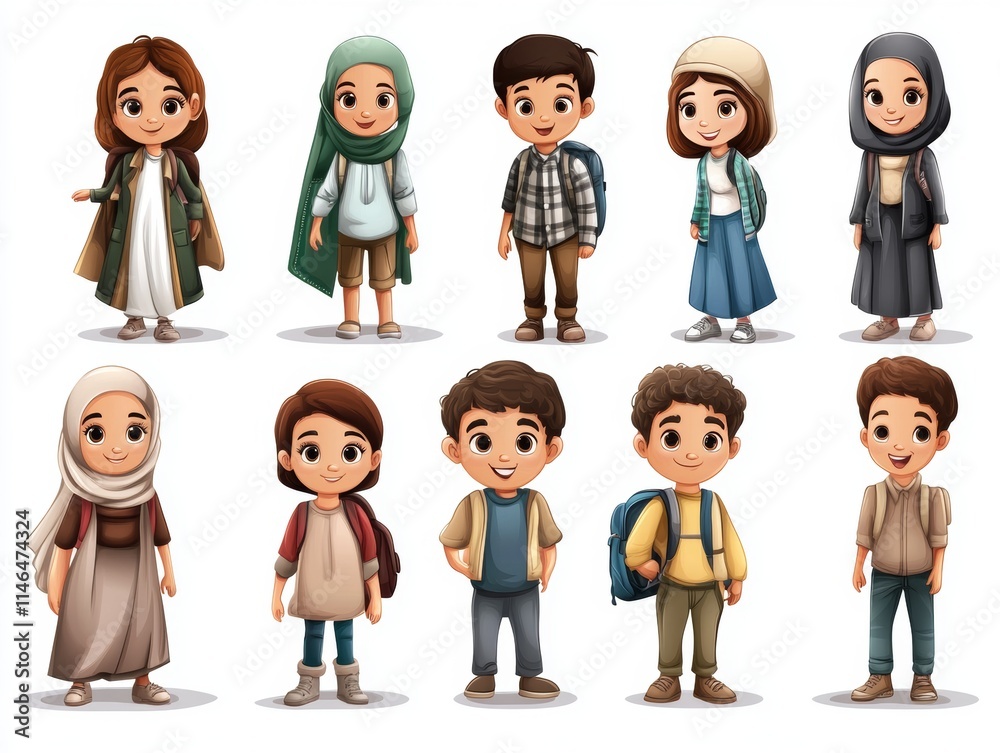 A collection of diverse cartoon children in various outfits and styles. A collection of diverse cartoon children in various outfits and styles.