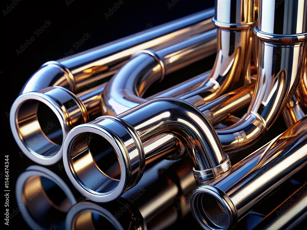 Naklejka premium Chrome Pipes Food Photography - Black Background Still Life, Culinary Metal Design, Industrial Kitchen Aesthetic