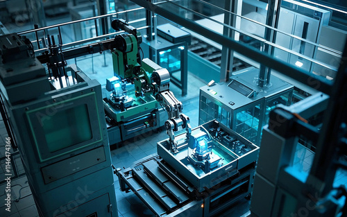 A robot in the factory manufacturing assembly line; scientific fiction or futuristic; innovation and cutting edge technology; high tech factory using robots and artificial intelligence; bleeding edge photo