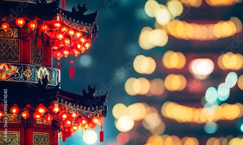 Red lanterns glow on temple roof, blurred city lights in background.