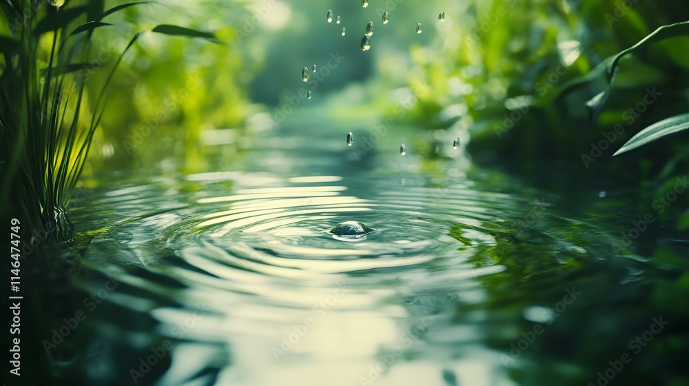 Calm water ripples in lush green nature, sunlight and raindrops. Calm water ripples in lush green nature, sunlight and raindrops.