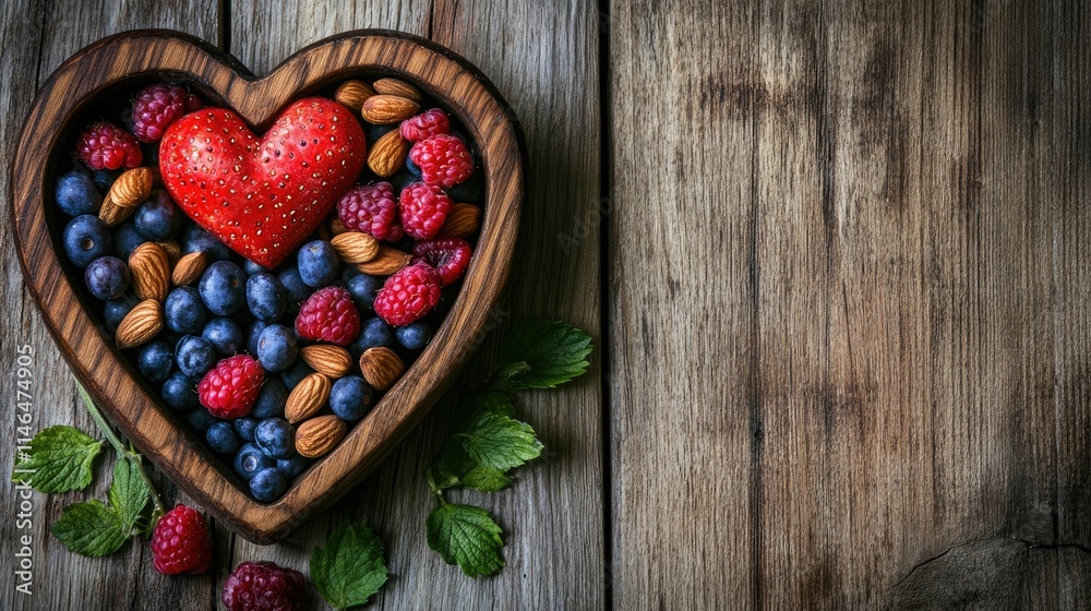 Heart-Shaped Wooden Bowl Filled with Fresh Berries, Almonds, and a Strawberry on Rustic Wooden Background for Healthy Eating and Romantic Presentation Heart-Shaped Wooden Bowl Filled with Fresh Berries, Almonds, and a Strawberry on Rustic Wooden Background for Healthy Eating and Romantic Presentation