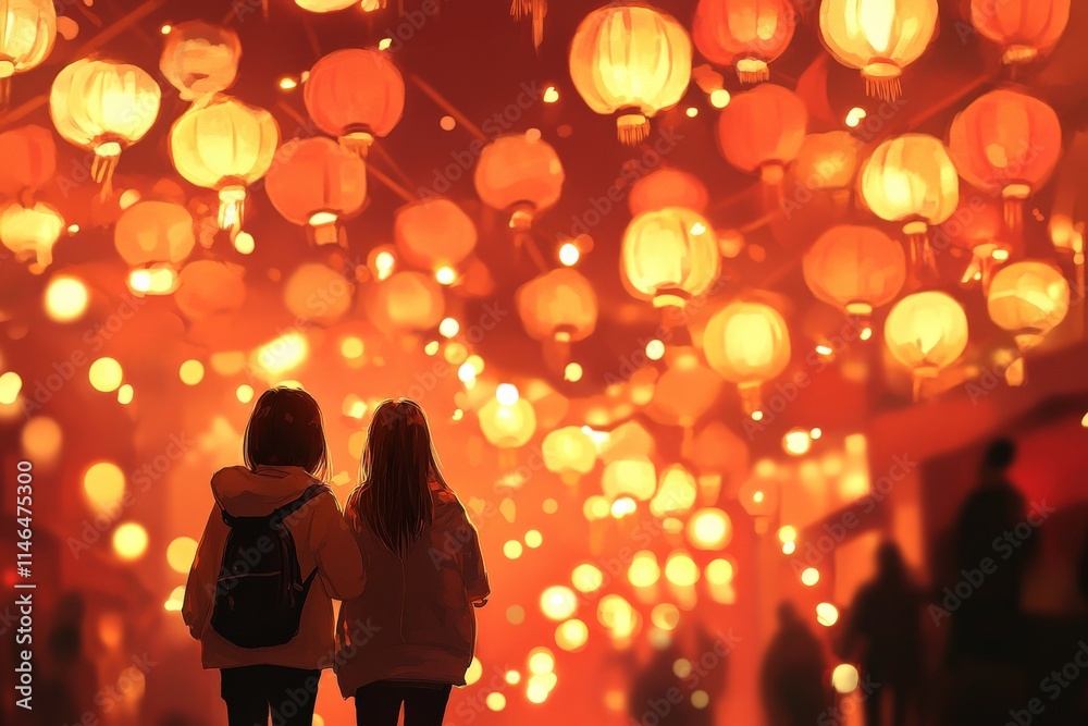 Two Children Strolling Under a Canopy of Bright Red Lanterns During a Vibrant Celebration at Night, Creating a Magical Atmosphere of Light and Joy Two Children Strolling Under a Canopy of Bright Red Lanterns During a Vibrant Celebration at Night, Creating a Magical Atmosphere of Light and Joy