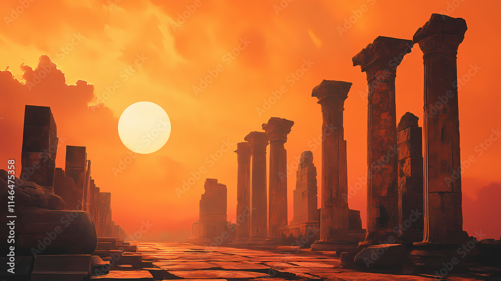 Fototapeta premium The elliptical arrangement of ancient marble pillars is accompanied by an orange sky. Ecliptical. Illustration