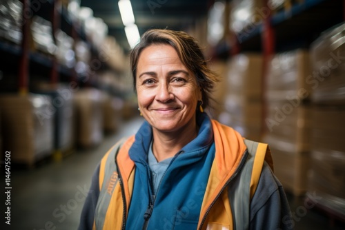 Portrait of a joyful middle aged female warehouse worker