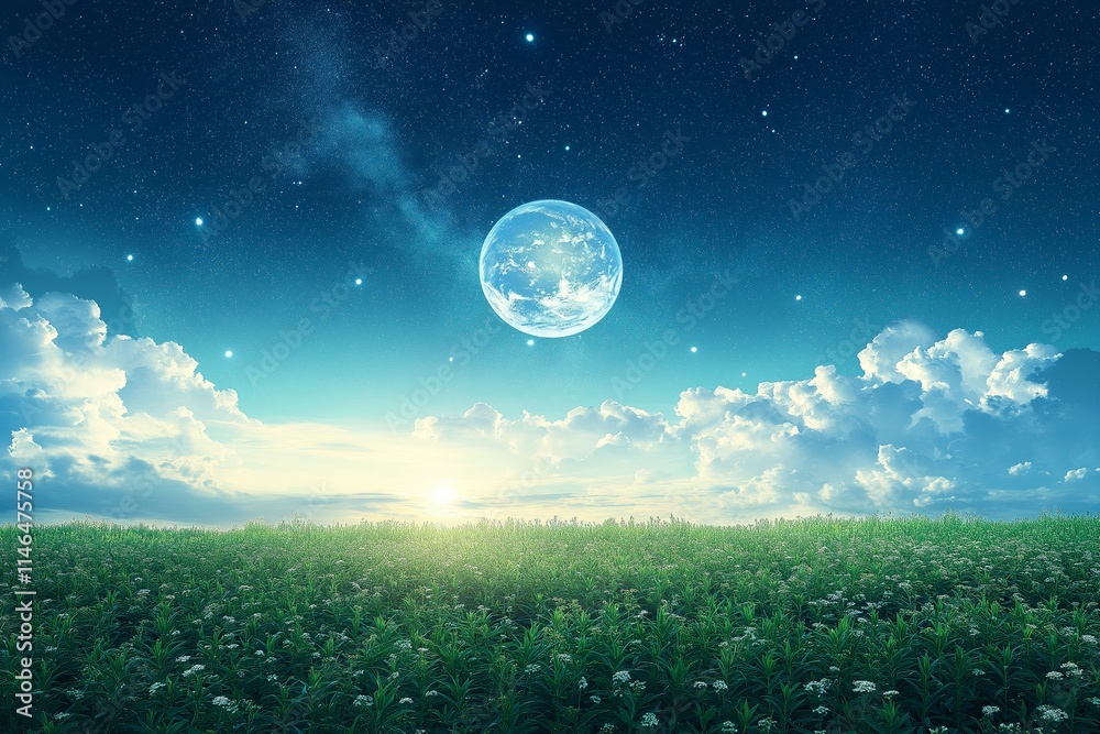 A serene view of planet Earth under a starlit sky, symbolizing the importance of Earth Day. The lush green field adds to the beauty of nature and our responsibility to protect it.