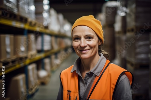 Portrait of a joyful middle aged female warehouse worker