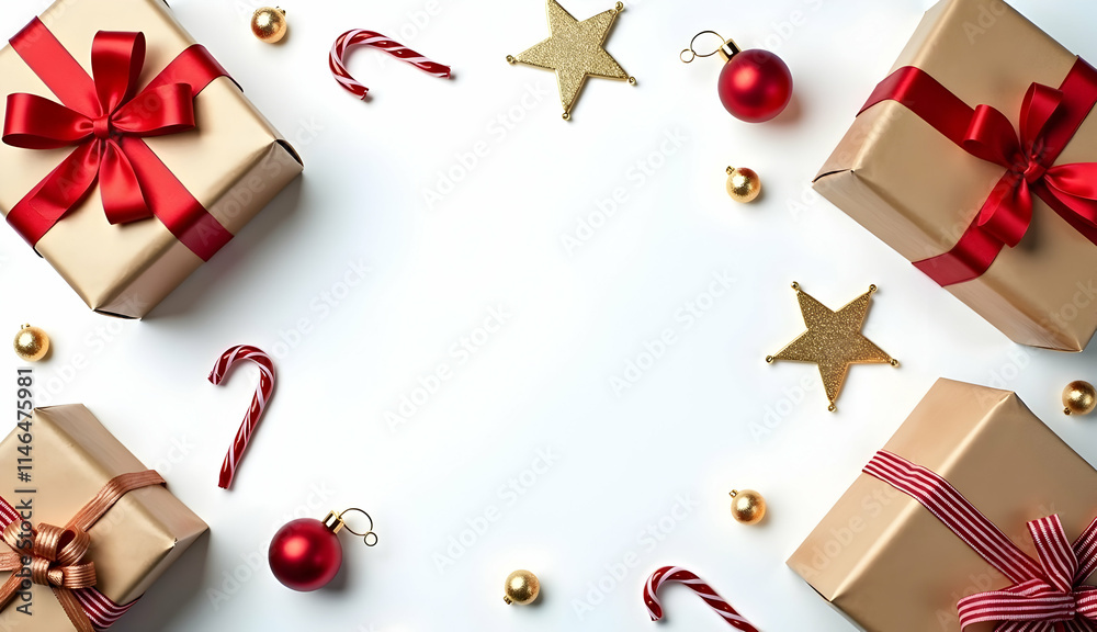 Festive gold gifts with red ribbons, candy canes, and glittering stars create a joyous Christmas scene. Perfect for holiday cards! Festive gold gifts with red ribbons, candy canes, and glittering stars create a joyous Christmas scene. Perfect for holiday cards!