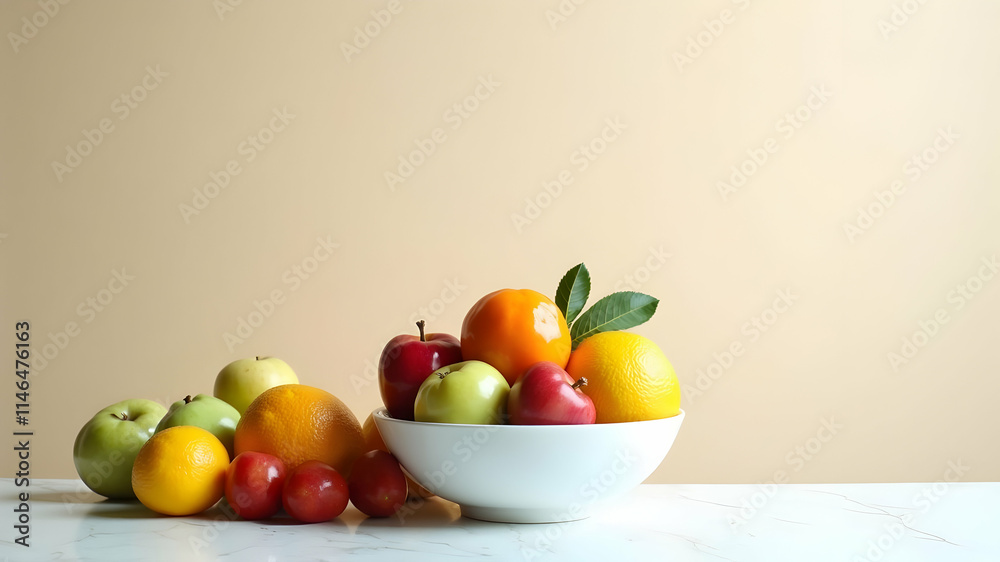 Vibrant fruit bowl, a feast for the eyes! Apples, oranges, and tomatoes in a pristine white bowl, against a soft beige backdrop. Healthy and refreshing!