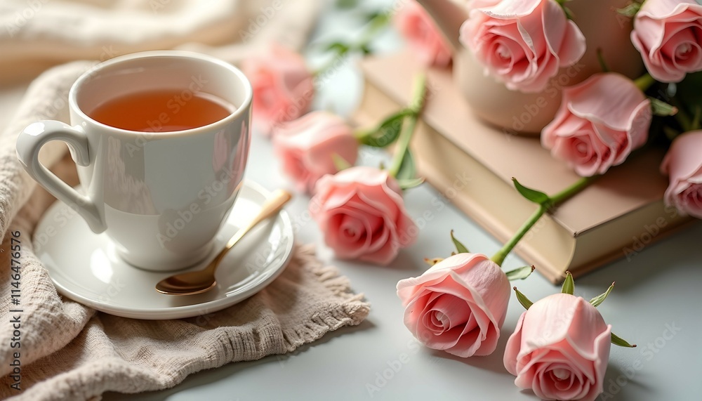 Aromatic tea, delicate pink roses, and a captivating book: a tranquil moment of pure bliss and serenity. Aromatic tea, delicate pink roses, and a captivating book: a tranquil moment of pure bliss and serenity.
