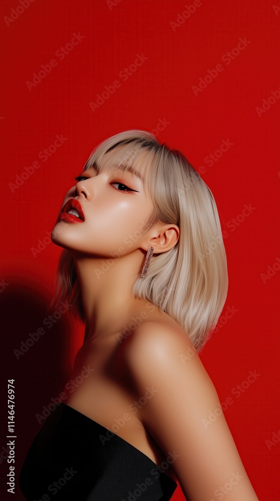 Beautiful Girl Face with Red Lips Makeup. Asian Beauty Woman in Black Silk Dress Beautiful Girl Face with Red Lips Makeup. Asian Beauty Woman in Black Silk Dress