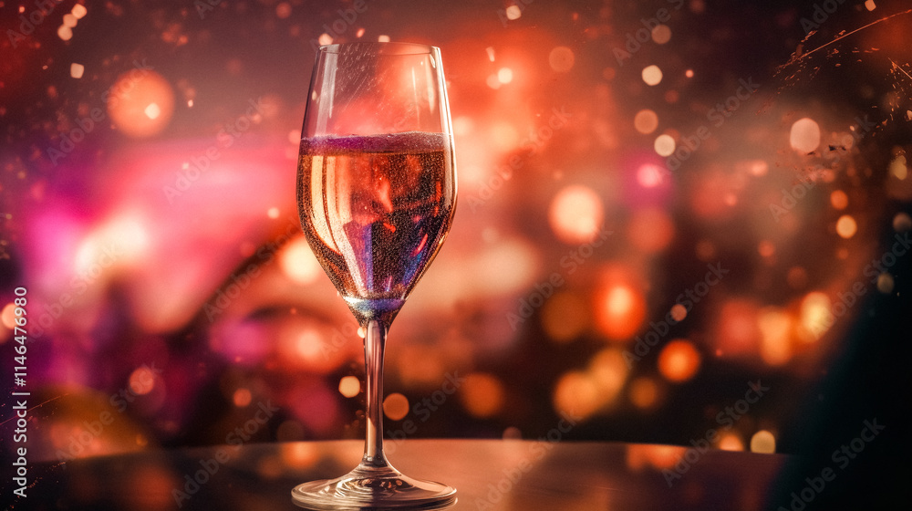 A glass of champagne, sparkling wine on a table on blurred pink orange background. Alcoholic beverage. Celebration of New Year Christmas. Festive time A glass of champagne, sparkling wine on a table on blurred pink orange background. Alcoholic beverage. Celebration of New Year Christmas. Festive time