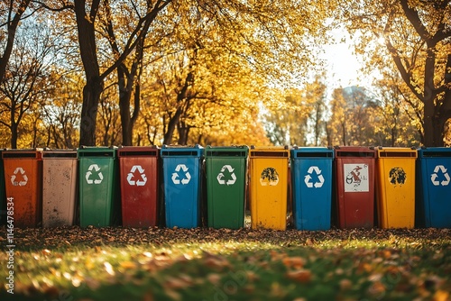 Colorful recycling bins lined up under golden trees promote environmental awareness. Celebrate Earth Day by using the recycling symbol to inspire sustainable habits in your community. photo