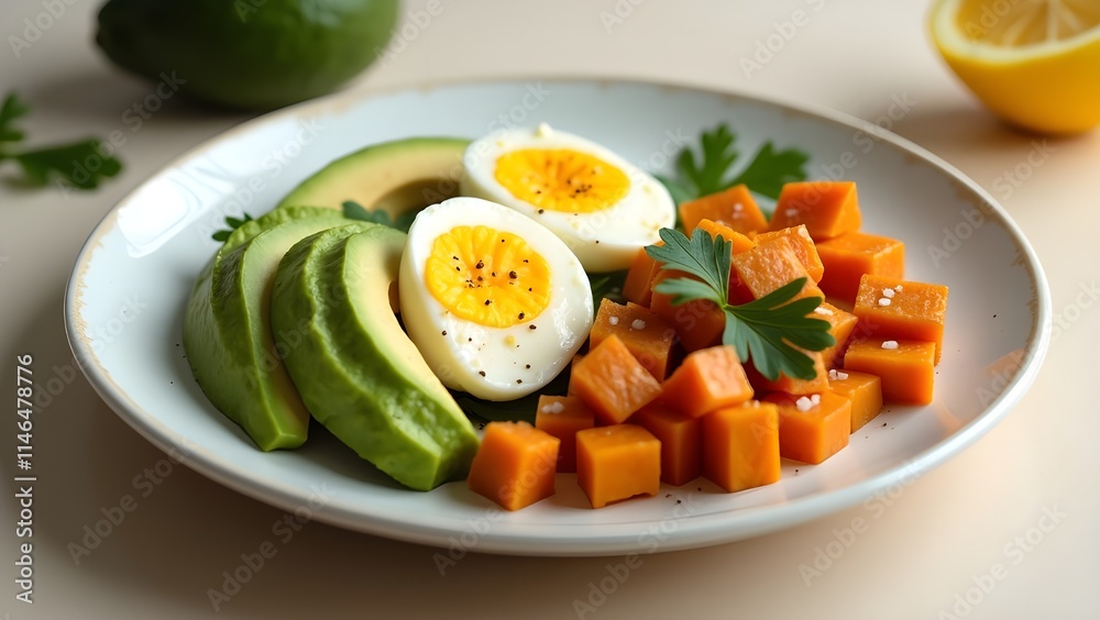 A paleo-friendly breakfast of eggs, avocado, and sweet potatoes on a ceramic plate A paleo-friendly breakfast of eggs, avocado, and sweet potatoes on a ceramic plate