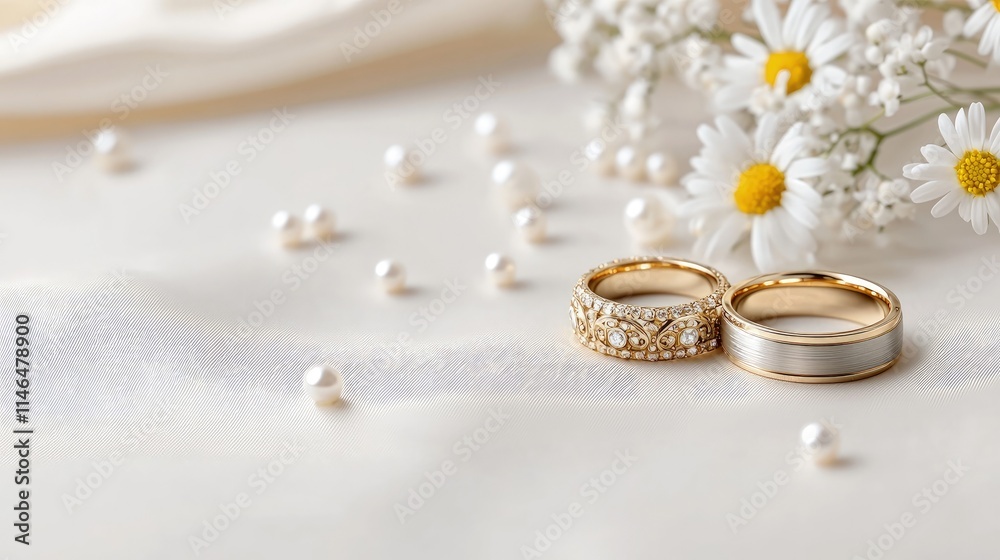 Wedding rings, daisies, pearls on silk. Wedding rings, daisies, pearls on silk.