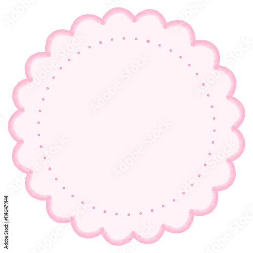 Pink Scalloped Edge Stitched Circle Badge Vector Set. Simple label sticker frame template. Cute vintage frill ornament.