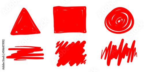 Set of doodle crosses, swirls, broken lines. Hand-drawn red geometric shapes. Abstract sketch symbols.