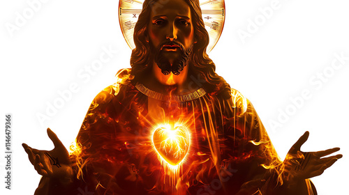 Sacred Heart of Jesus glowing with radiant flames, isolated on white, cut out photo