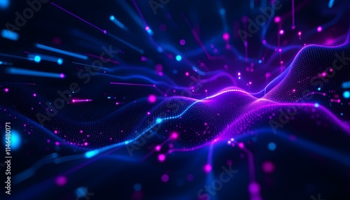 Dynamic blue and purple abstract wave pattern with glowing particles. Futuristic digital background for technology, science, or data concepts. Modern design for presentations