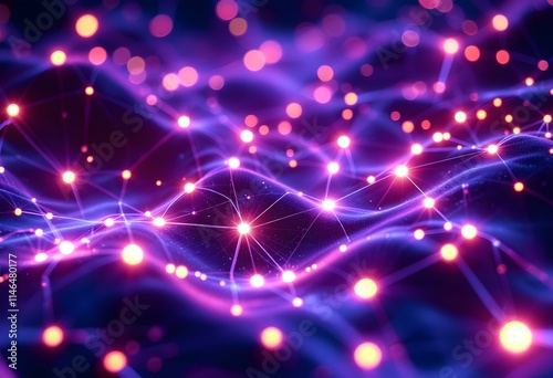 Vibrant purple and pink network of glowing lights. Abstract digital connection concept. Futuristic technology background for science, AI, or data visualization