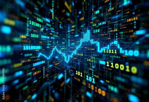Digital stock market graph with binary code. Financial technology concept. Blue virtual chart for investment analysis and trading strategy. Fintech background