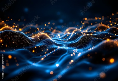Glowing blue and orange waves of light. Abstract digital network concept. Futuristic technology background for presentations, websites, banners with space for text