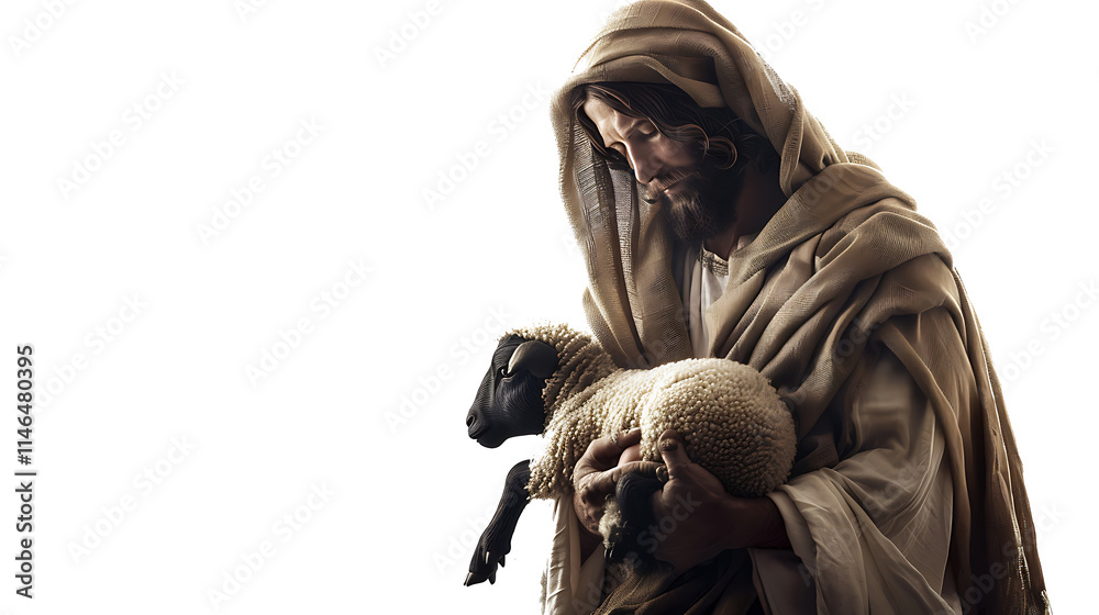 Jesus Christ as the Good Shepherd holding a lamb, isolated on white, cut out Jesus Christ as the Good Shepherd holding a lamb, isolated on white, cut out