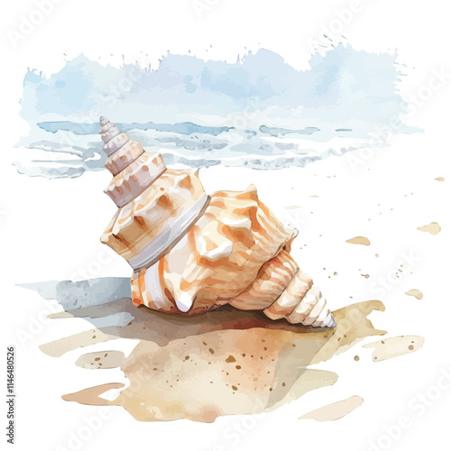 A watercolor drawing of a seashell lying on the sand, isolated on a white background. Seashell sand vector.
