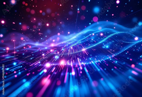 Vibrant digital abstract with blue and pink light streams. Futuristic technology background with glowing particles. Dynamic network concept for science or data visualization