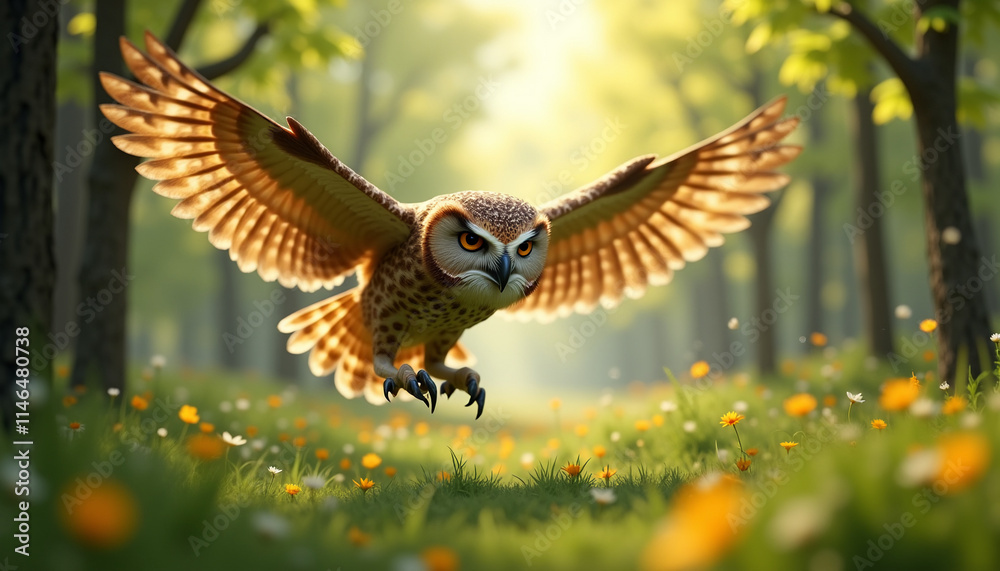 Fototapeta premium Owl spreading wings in a sunlit garden