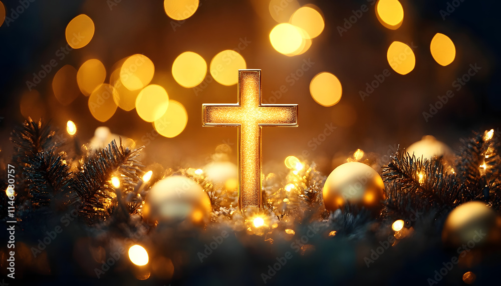Felicitacion de navidad con la cruz católica iluminada por una luz dorada celestial Felicitacion de navidad con la cruz católica iluminada por una luz dorada celestial