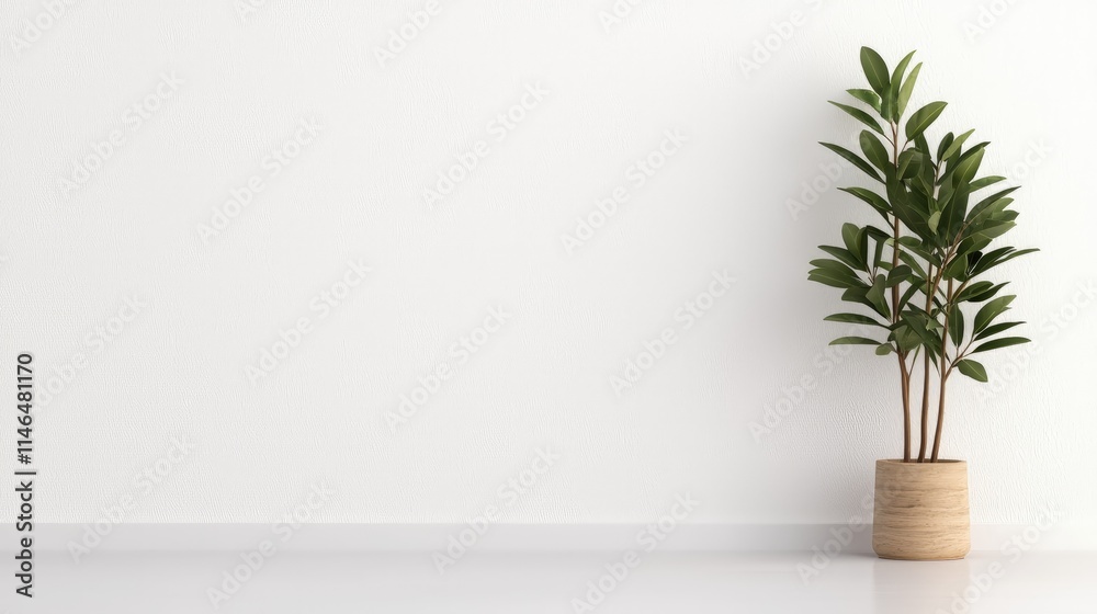 Minimalist room interior with a potted plant against a white wall.