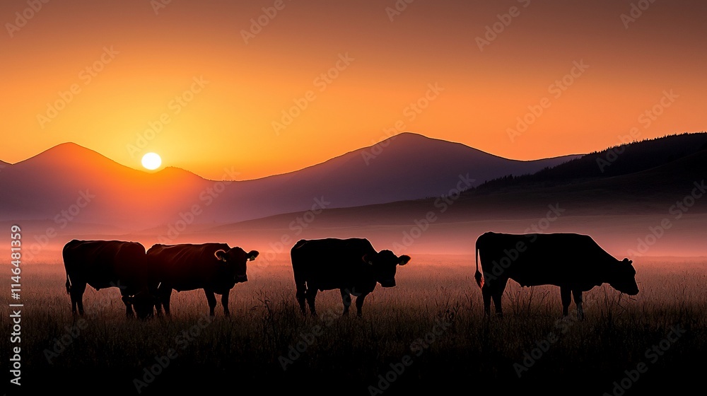 Silhouetted cows grazing in a misty field at sunrise, with mountains in the background. Silhouetted cows grazing in a misty field at sunrise, with mountains in the background.