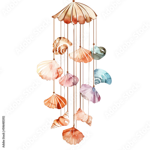 A watercolor vector of a seashell wind chime hanging in the breeze, isolated on a white background. Seashell wind chime breeze vector.
