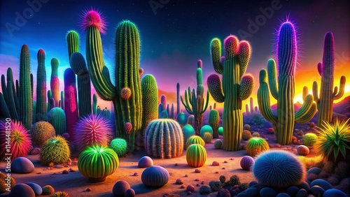 Colorful Cartoon Cactus Doodle Low Light Photography - Night Desert Plants Illustration