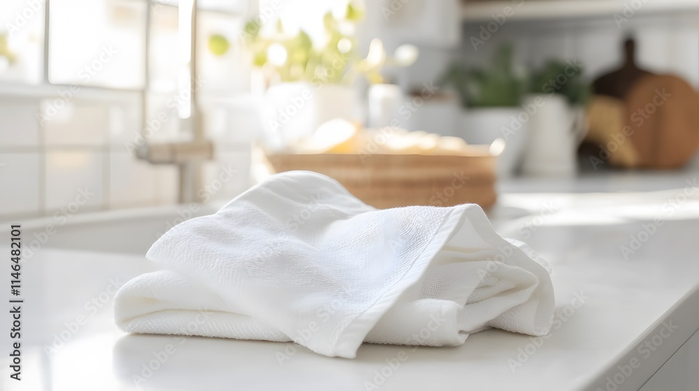 Kitchen action neatly folded white towel on counter bright home environment minimalist viewpoint Kitchen action neatly folded white towel on counter bright home environment minimalist viewpoint