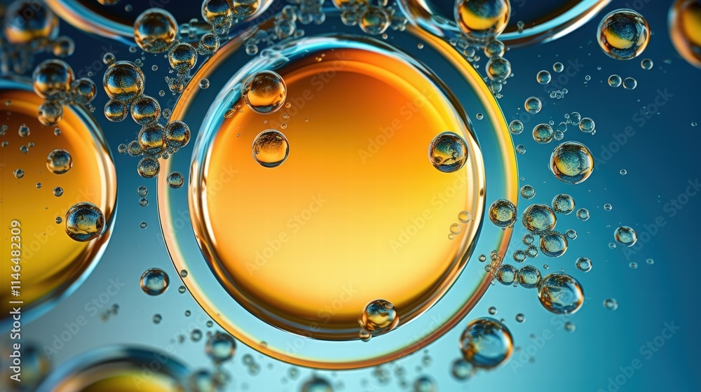 Obraz premium Abstract Circles and Bubbles in Oil with Golden Tones Floating in a Deep Blue Background for Creative Design and Artwork
