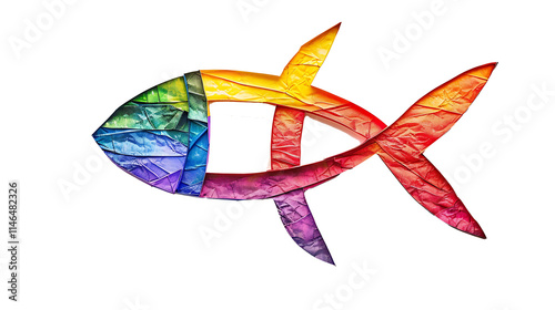 Christian fish symbol with rainbow colors, isolated on white, cut out photo